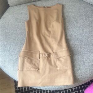 STAUD Camel Mini Dress with Belted Patch Pockets
